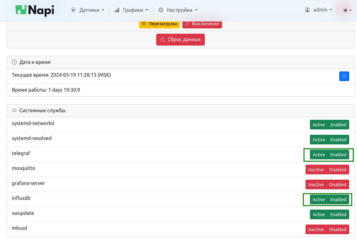 Включение служб Telegraf и InfluxDB
